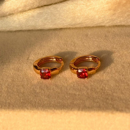 Red Solitaire Tiny Bali Earrings  - Gold Plated