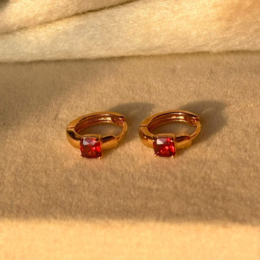 Red Solitaire Tiny Bali Earrings  - Gold Plated