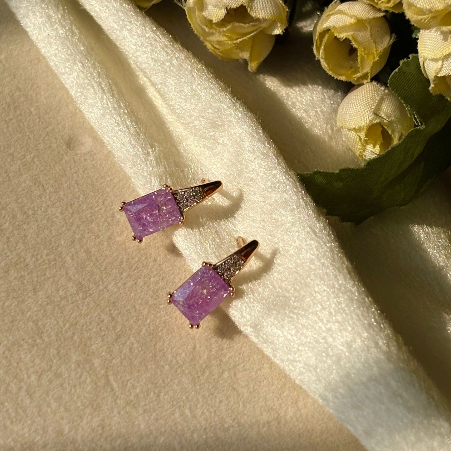 Lilac Purple Solitaire Earrings - Gold Plated