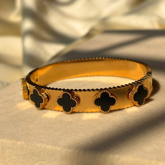 Black Flower Clover Bracelet Bangle -  Gold