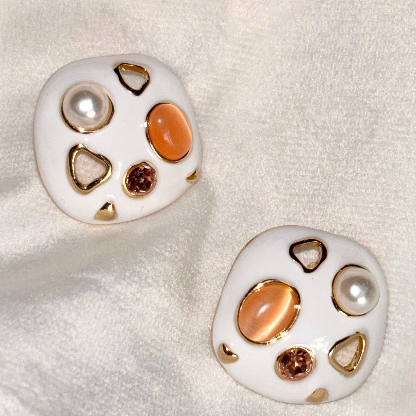 White Enamel Clear Zircon Dome Stud Earrings