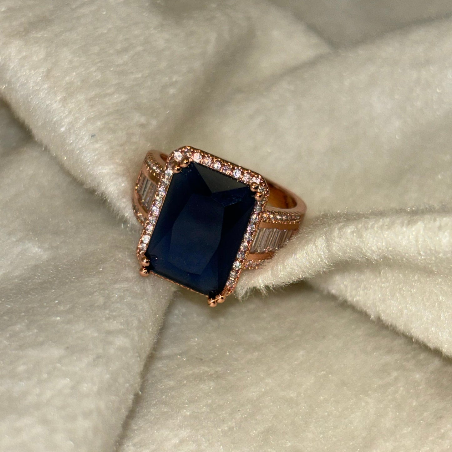 Rose Gold Blue Sapphire Solitaire Ring - Adjustable