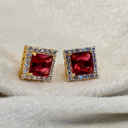 Red Ruby Square Stud Earrings