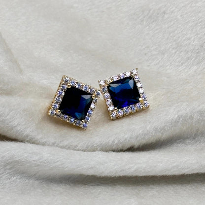 Blue Sapphire Square Stud Earrings