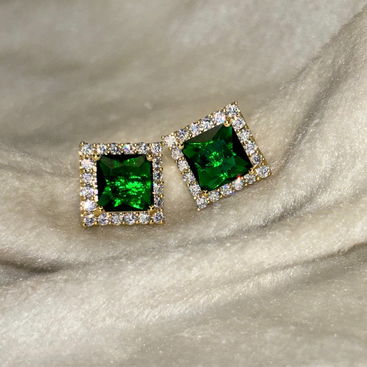 Green Emerald Square Stud Earrings