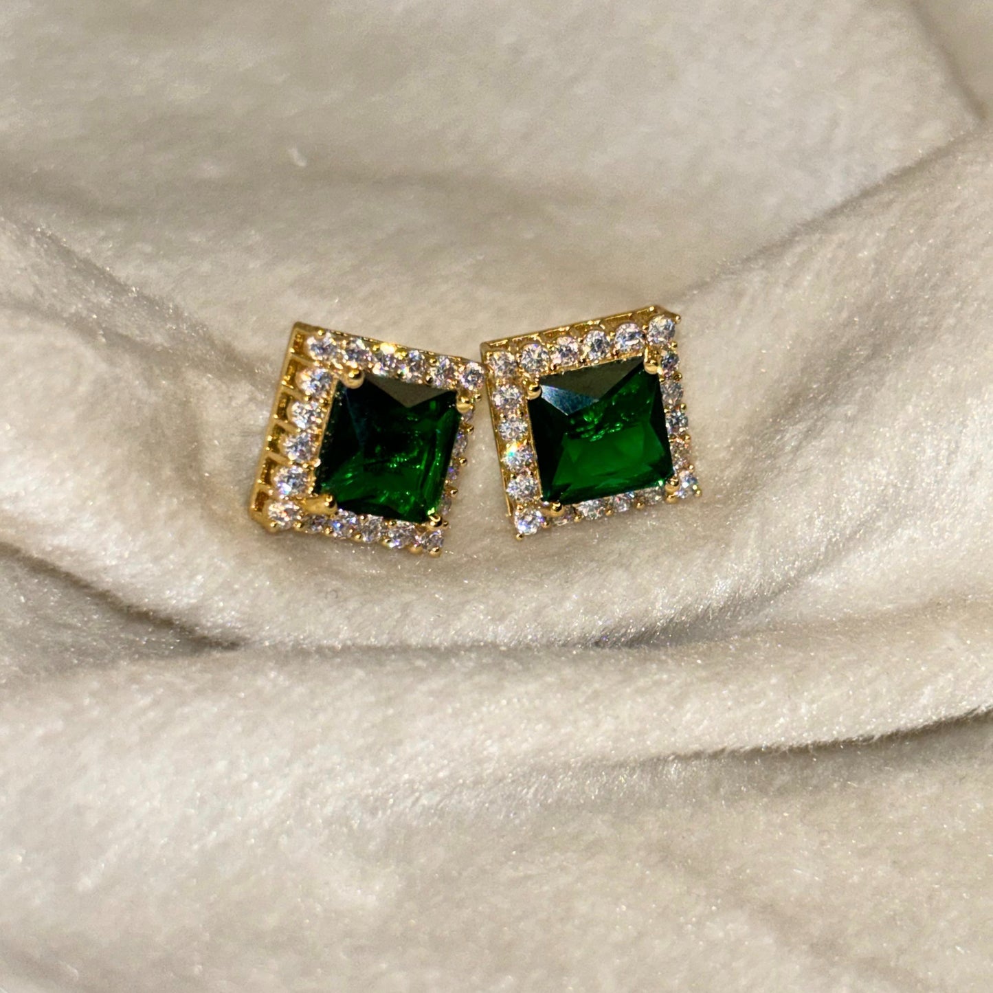 Green Emerald Square Stud Earrings