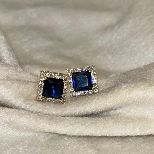 Blue Sapphire Square Stud Earrings